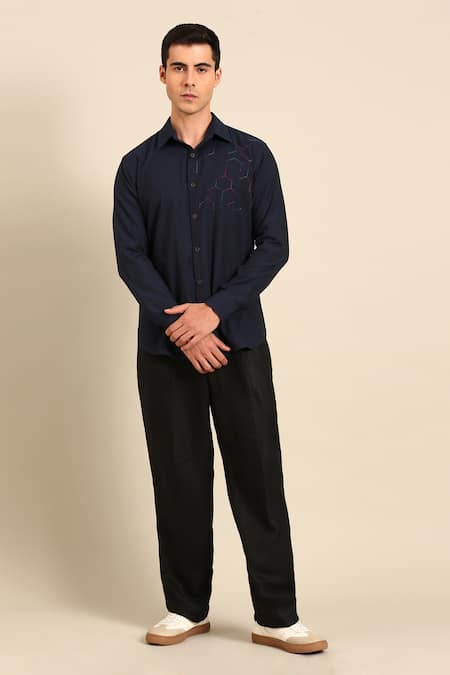 Buy_Mayank Modi - Men_Navy Cotton Embroidery Geometric Hexagon Shirt _Online_at_Aza_Fashions