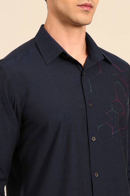 Shop_Mayank Modi - Men_Navy Cotton Embroidery Geometric Hexagon Shirt _Online_at_Aza_Fashions