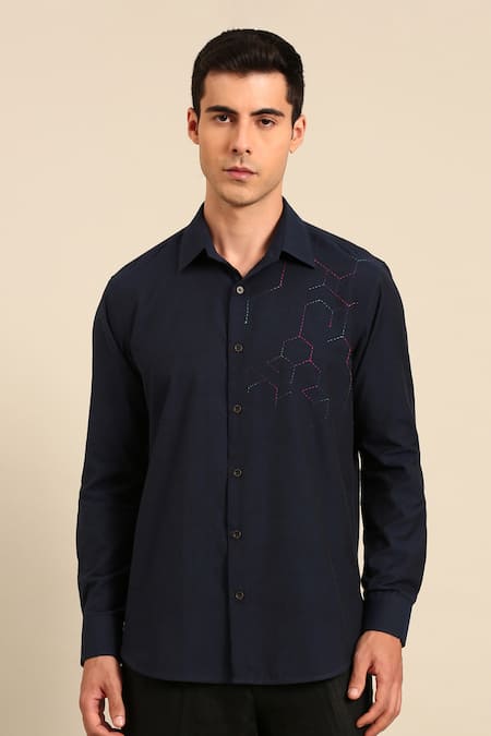 Mayank Modi - Men Geometric Hexagon Embroidered Shirt 