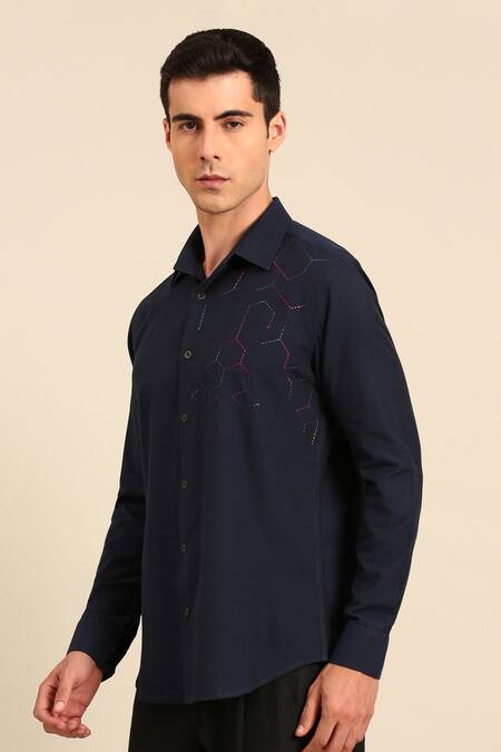 Mayank Modi - Men_Navy Cotton Embroidery Geometric Hexagon Shirt _at_Aza_Fashions