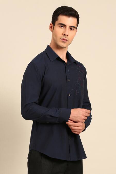 Buy_Mayank Modi - Men_Navy Cotton Embroidery Geometric Hexagon Shirt 