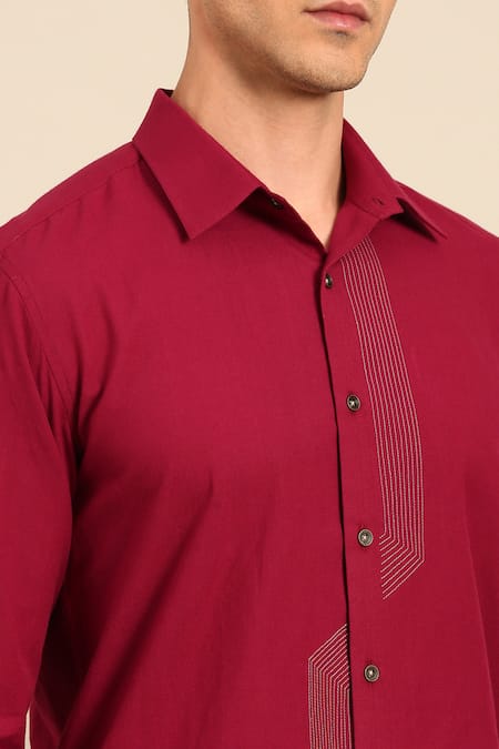 Mayank Modi - Men_Red Cotton Embroidery Geometric Line Formal Shirt _Online_at_Aza_Fashions