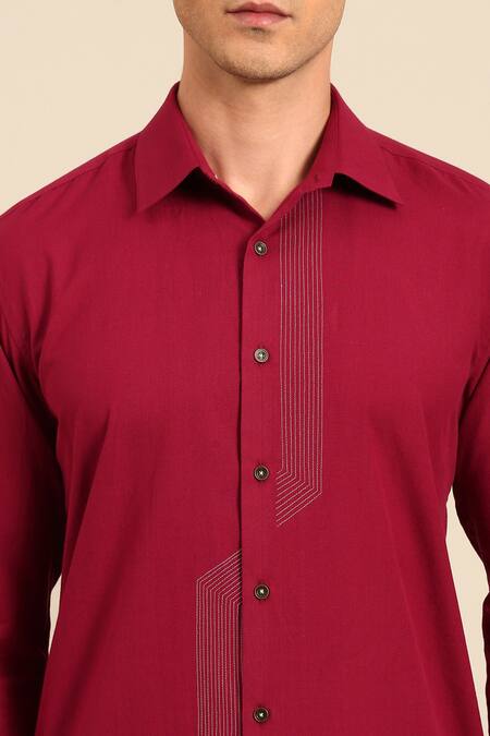 Buy_Mayank Modi - Men_Red Cotton Embroidery Geometric Line Formal Shirt _Online_at_Aza_Fashions