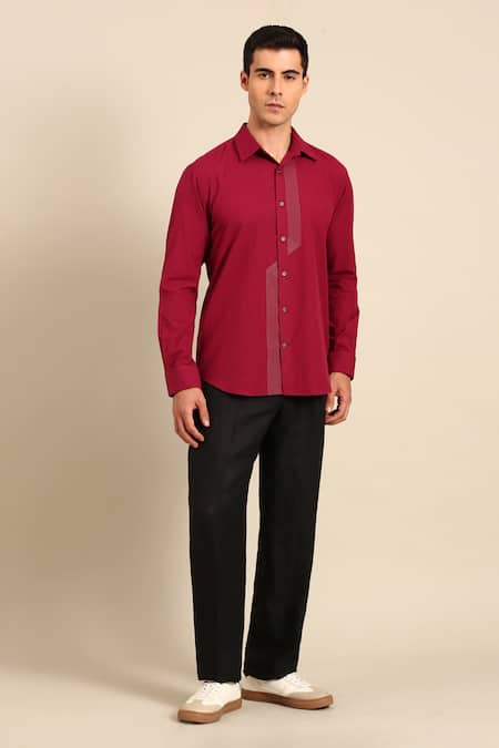 Shop_Mayank Modi - Men_Red Cotton Embroidery Geometric Line Formal Shirt _Online_at_Aza_Fashions