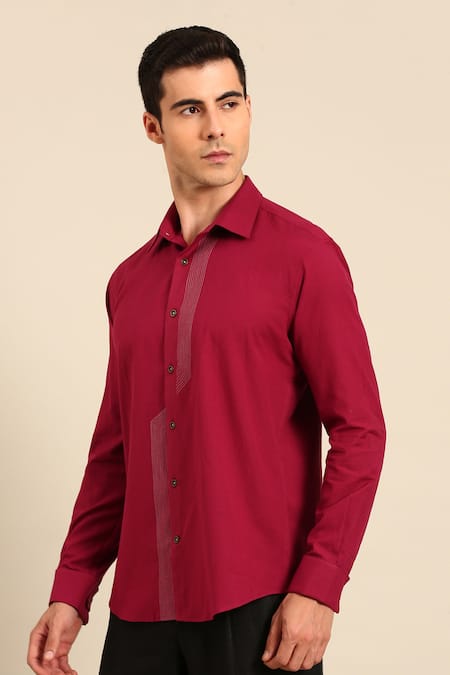 Mayank Modi - Men_Red Cotton Embroidery Geometric Line Formal Shirt _at_Aza_Fashions