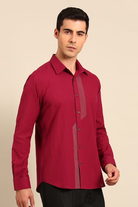 Buy_Mayank Modi - Men_Red Cotton Embroidery Geometric Line Formal Shirt 