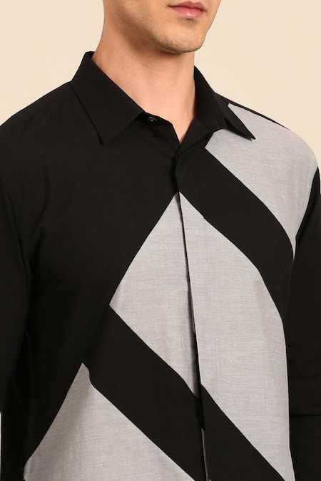 Mayank Modi - Men_Black Cotton Color Block Diagonal Stripe Shirt _Online_at_Aza_Fashions