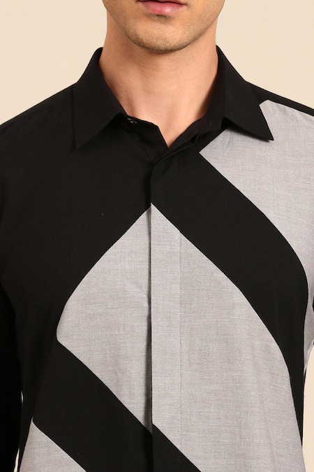 Buy_Mayank Modi - Men_Black Cotton Color Block Diagonal Stripe Shirt _Online_at_Aza_Fashions