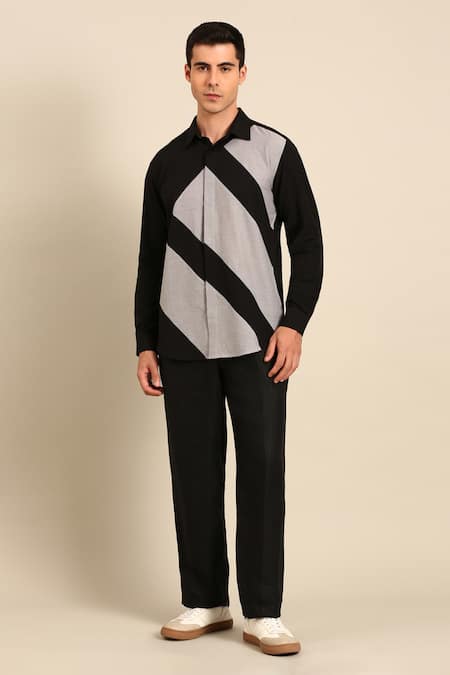 Shop_Mayank Modi - Men_Black Cotton Color Block Diagonal Stripe Shirt _Online_at_Aza_Fashions