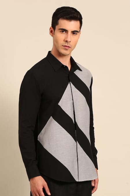 Mayank Modi - Men_Black Cotton Color Block Diagonal Stripe Shirt _at_Aza_Fashions