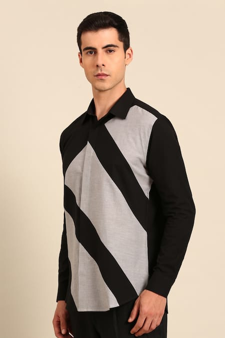 Buy_Mayank Modi - Men_Black Cotton Color Block Diagonal Stripe Shirt 