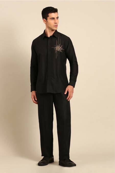 Mayank Modi - Men_Black Cotton Embroidery Abstract Thread Shirt _Online_at_Aza_Fashions