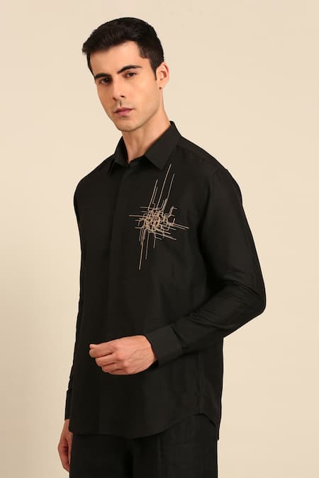 Buy_Mayank Modi - Men_Black Cotton Embroidery Abstract Thread Shirt _Online_at_Aza_Fashions