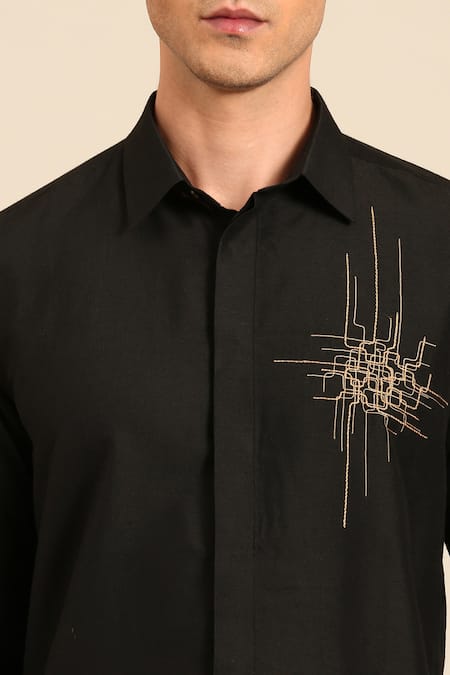 Buy_Mayank Modi - Men_Black Cotton Embroidery Abstract Thread Shirt 