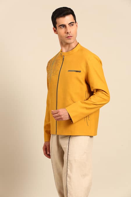 Mayank Modi - Men_Mustard Cotton Embroidery Jacket _Online_at_Aza_Fashions