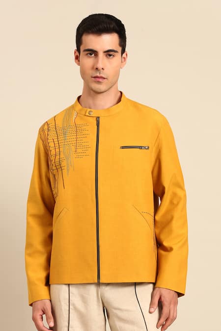 Buy_Mayank Modi - Men_Mustard Cotton Embroidery Jacket _Online_at_Aza_Fashions