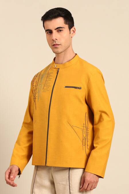 Shop_Mayank Modi - Men_Mustard Cotton Embroidery Jacket _Online_at_Aza_Fashions