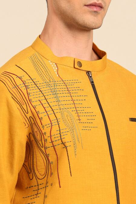 Shop_Mayank Modi - Men_Mustard Cotton Embroidery Jacket 