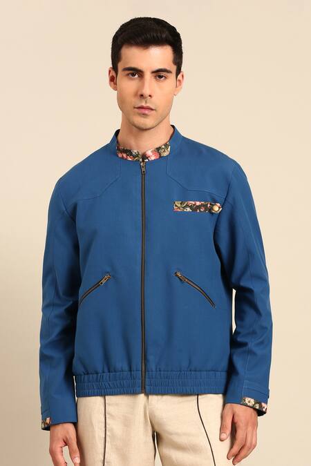 Buy Mayank Modi - Men Blue Cotton Floral Collar And Cuff Bomber Jacket Online at Aza Fashions Buy_Mayank Modi - Men_Blue Cotton Floral Collar And Cuff Bomber Jacket _Online_at_Aza_Fashions