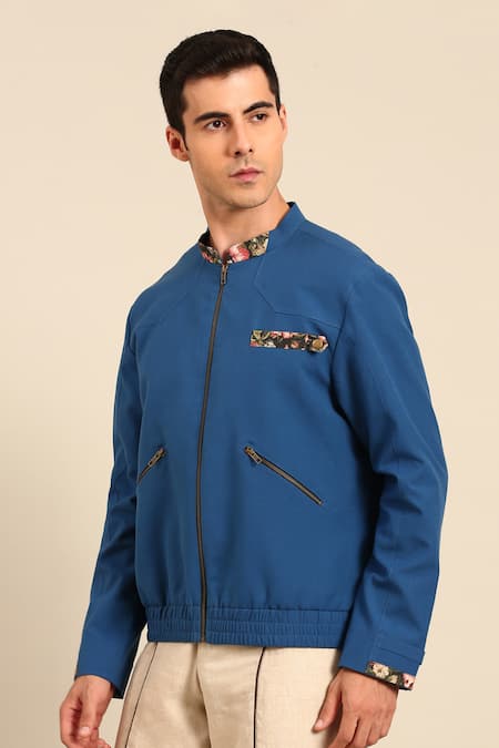 Shop Mayank Modi - Men Blue Cotton Floral Collar And Cuff Bomber Jacket Online at Aza Fashions Shop_Mayank Modi - Men_Blue Cotton Floral Collar And Cuff Bomber Jacket _Online_at_Aza_Fashions