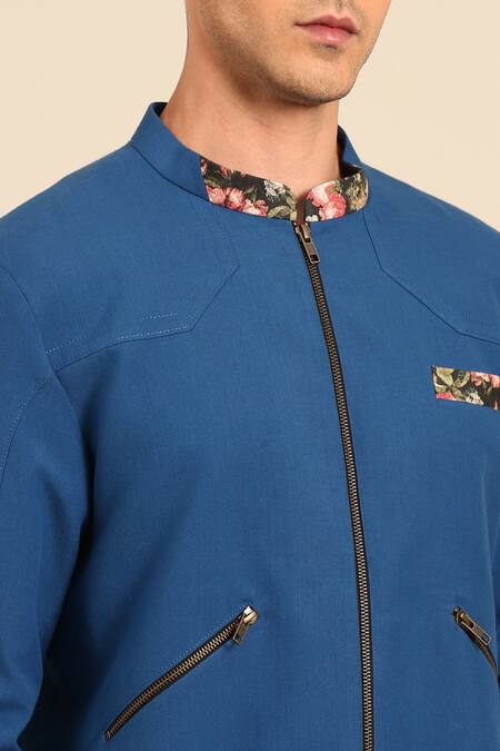 Buy Mayank Modi - Men Blue Cotton Floral Collar And Cuff Bomber Jacket Buy_Mayank Modi - Men_Blue Cotton Floral Collar And Cuff Bomber Jacket