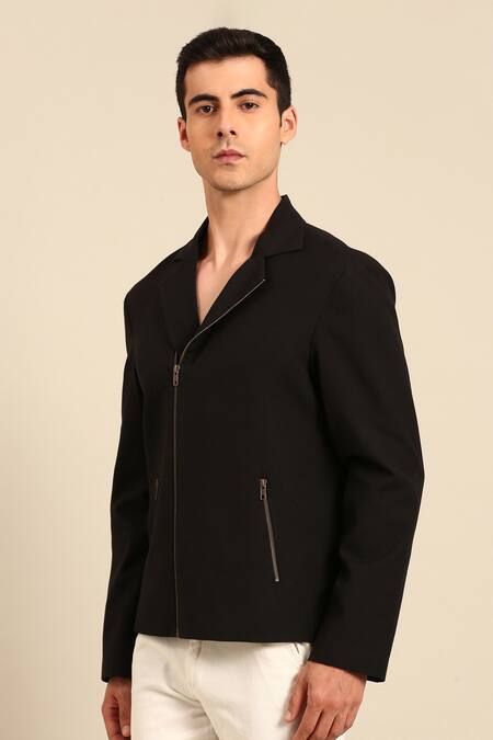 Shop Mayank Modi - Men Black Cotton Front Zip Jacket Online at Aza Fashions Shop_Mayank Modi - Men_Black Cotton Front Zip Jacket _Online_at_Aza_Fashions