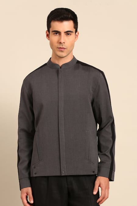 Mayank Modi - Men Charcoal Cotton Band Collar Jacket 