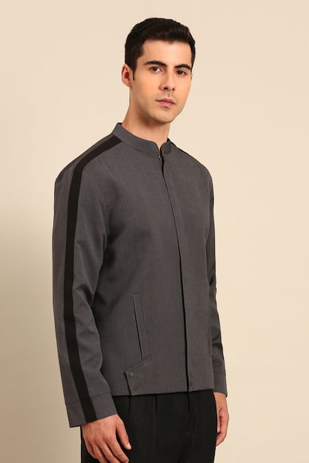 Mayank Modi - Men_Charcoal Cotton Band Collar Jacket _Online_at_Aza_Fashions