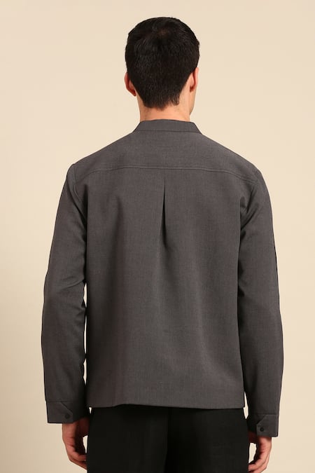 Shop_Mayank Modi - Men_Charcoal Cotton Band Collar Jacket _at_Aza_Fashions