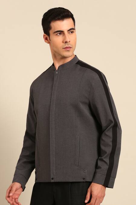 Buy_Mayank Modi - Men_Charcoal Cotton Band Collar Jacket _Online_at_Aza_Fashions