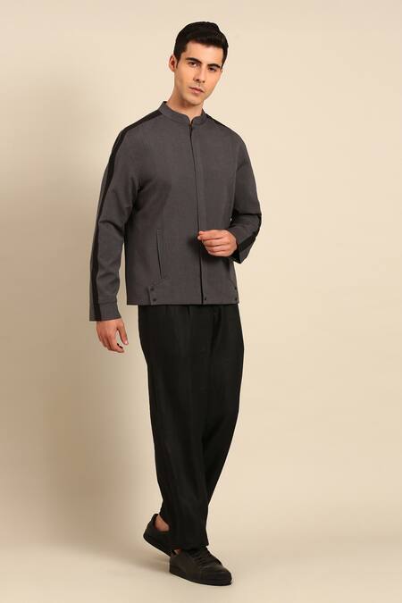 Shop_Mayank Modi - Men_Charcoal Cotton Band Collar Jacket _Online_at_Aza_Fashions