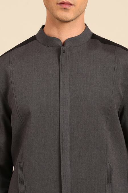Mayank Modi - Men_Charcoal Cotton Band Collar Jacket _at_Aza_Fashions