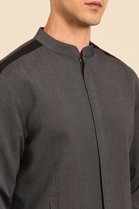Buy_Mayank Modi - Men_Charcoal Cotton Band Collar Jacket 