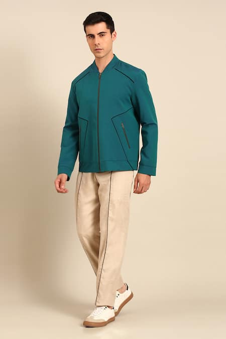 Shop_Mayank Modi - Men_Blue Geometric Panel Jacket _Online_at_Aza_Fashions