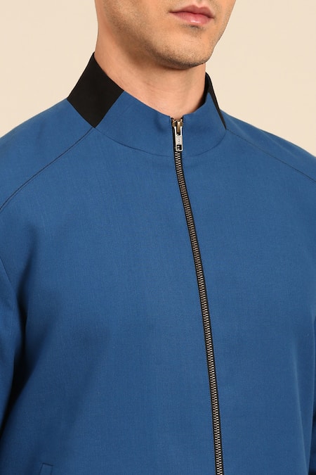 Mayank Modi - Men Blue Cotton Zip-front Bomber Jacket Online at Aza Fashions Mayank Modi - Men_Blue Cotton Zip-front Bomber Jacket _Online_at_Aza_Fashions
