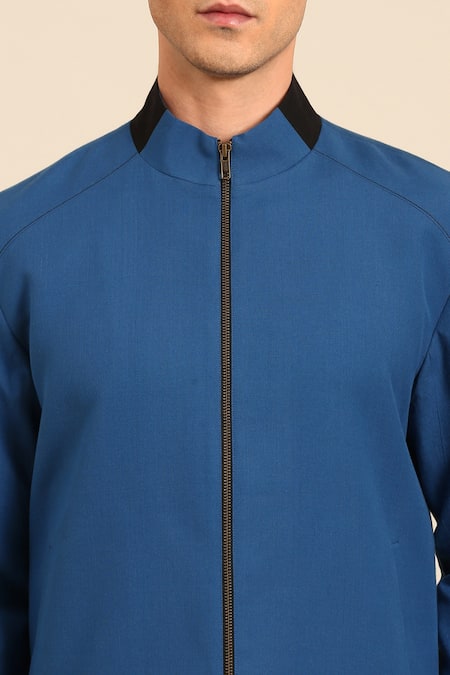 Buy Mayank Modi - Men Blue Cotton Zip-front Bomber Jacket Online at Aza Fashions Buy_Mayank Modi - Men_Blue Cotton Zip-front Bomber Jacket _Online_at_Aza_Fashions