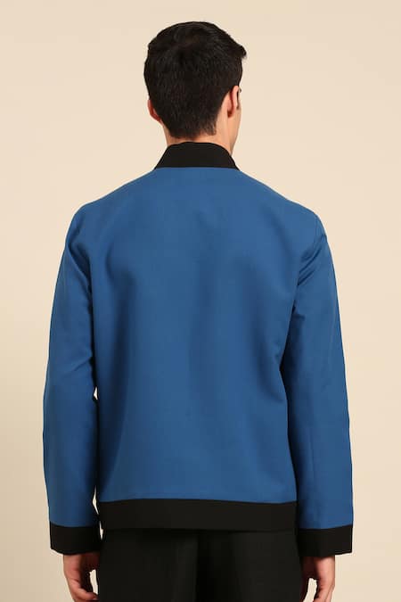 Shop Mayank Modi - Men Blue Cotton Zip-front Bomber Jacket at Aza Fashions Shop_Mayank Modi - Men_Blue Cotton Zip-front Bomber Jacket _at_Aza_Fashions