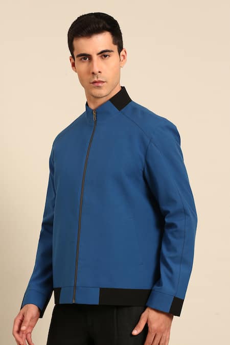 Mayank Modi - Men Blue Cotton Zip-front Bomber Jacket at Aza Fashions Mayank Modi - Men_Blue Cotton Zip-front Bomber Jacket _at_Aza_Fashions
