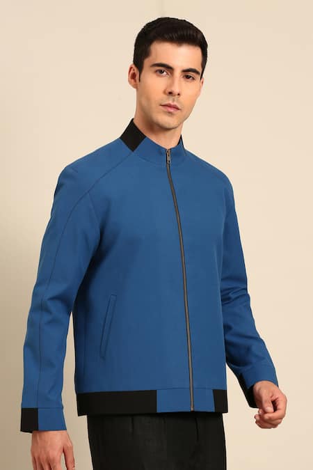 Buy Mayank Modi - Men Blue Cotton Zip-front Bomber Jacket Buy_Mayank Modi - Men_Blue Cotton Zip-front Bomber Jacket