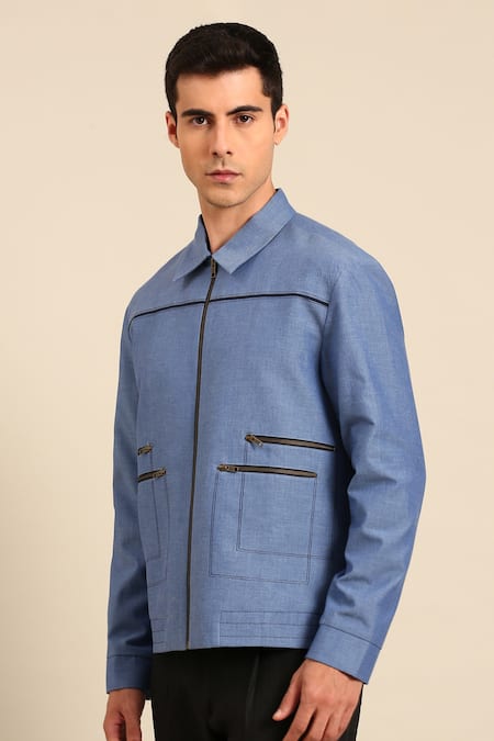 Shop_Mayank Modi - Men_Blue Cotton Zip-up Jacket  _Online_at_Aza_Fashions