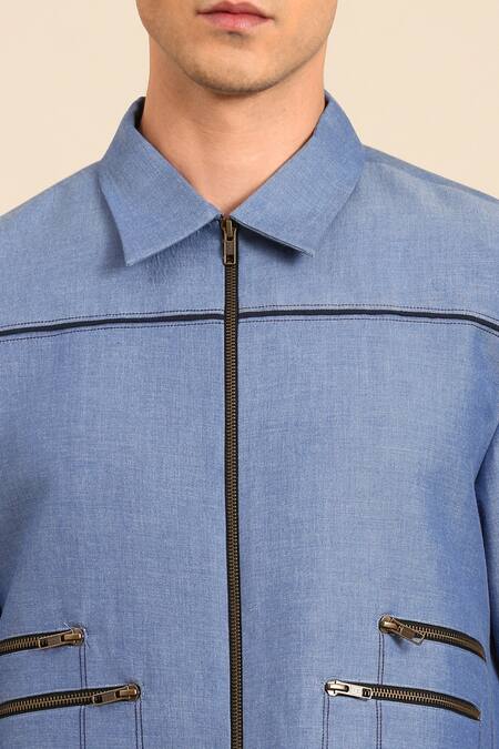 Mayank Modi - Men_Blue Cotton Zip-up Jacket  _at_Aza_Fashions