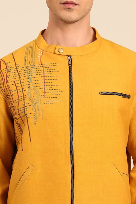 Buy_Mayank Modi - Men_Mustard Linen, Cotton Embroidery, Piping Abstract Jacket And Pant Set _Online_at_Aza_Fashions
