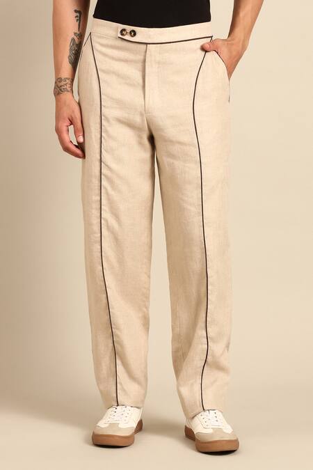 Buy_Mayank Modi - Men_Mustard Linen, Cotton Embroidery, Piping Abstract Jacket And Pant Set 