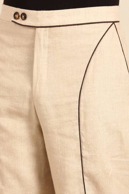 Shop_Mayank Modi - Men_Mustard Linen, Cotton Embroidery, Piping Abstract Jacket And Pant Set 