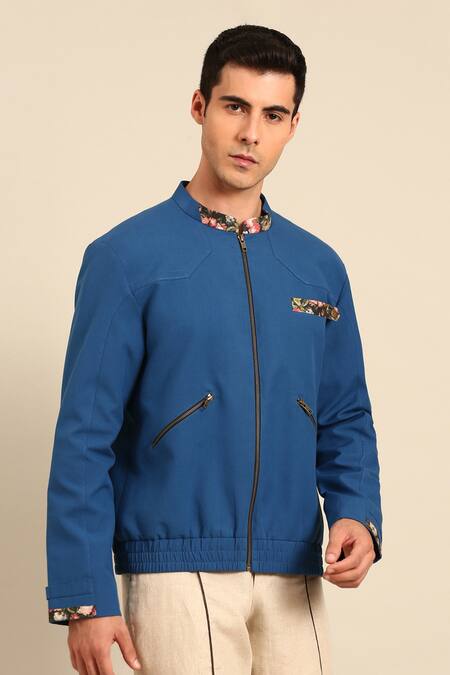Mayank Modi - Men_Blue Linen, Cotton Piping Floral Accent Jacket And Contrast Pant Set _Online_at_Aza_Fashions