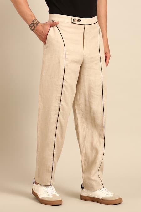 Shop_Mayank Modi - Men_Blue Linen, Cotton Piping Floral Accent Jacket And Contrast Pant Set _Online_at_Aza_Fashions