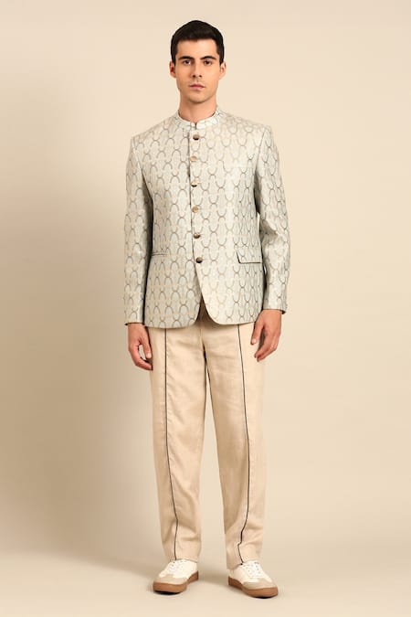 Mayank Modi - Men Geometric Pattern Bandhgala Blazer & Pant Set 