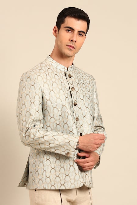 Mayank Modi - Men_Blue Silk, Linen Metallic Thread, Geometric Pattern Bandhgala Blazer And Pant Set _Online_at_Aza_Fashions