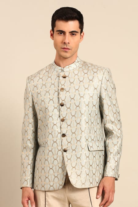 Buy_Mayank Modi - Men_Blue Silk, Linen Metallic Thread, Geometric Pattern Bandhgala Blazer And Pant Set _Online_at_Aza_Fashions