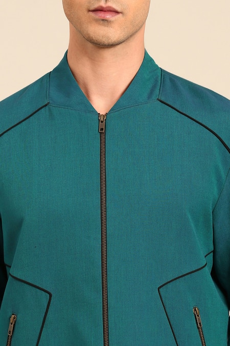 Shop_Mayank Modi - Men_Green Cotton, Linen Piping Geometric Panel Jacket And Pant Set _Online_at_Aza_Fashions
